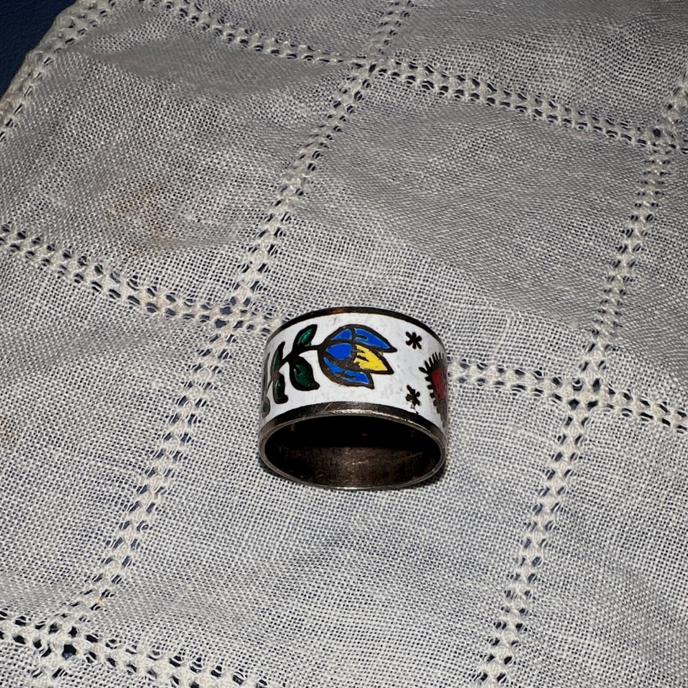 Vintage 70s Siam Sterling Silver Enamel Ring – Flower Power + Hearts, Size 5.5